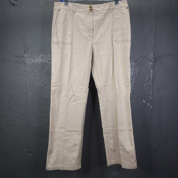 Charter Club Katherine Fit Pants Women 14 Petite Khaki Trousers Full Length Snap - Picture 1 of 8